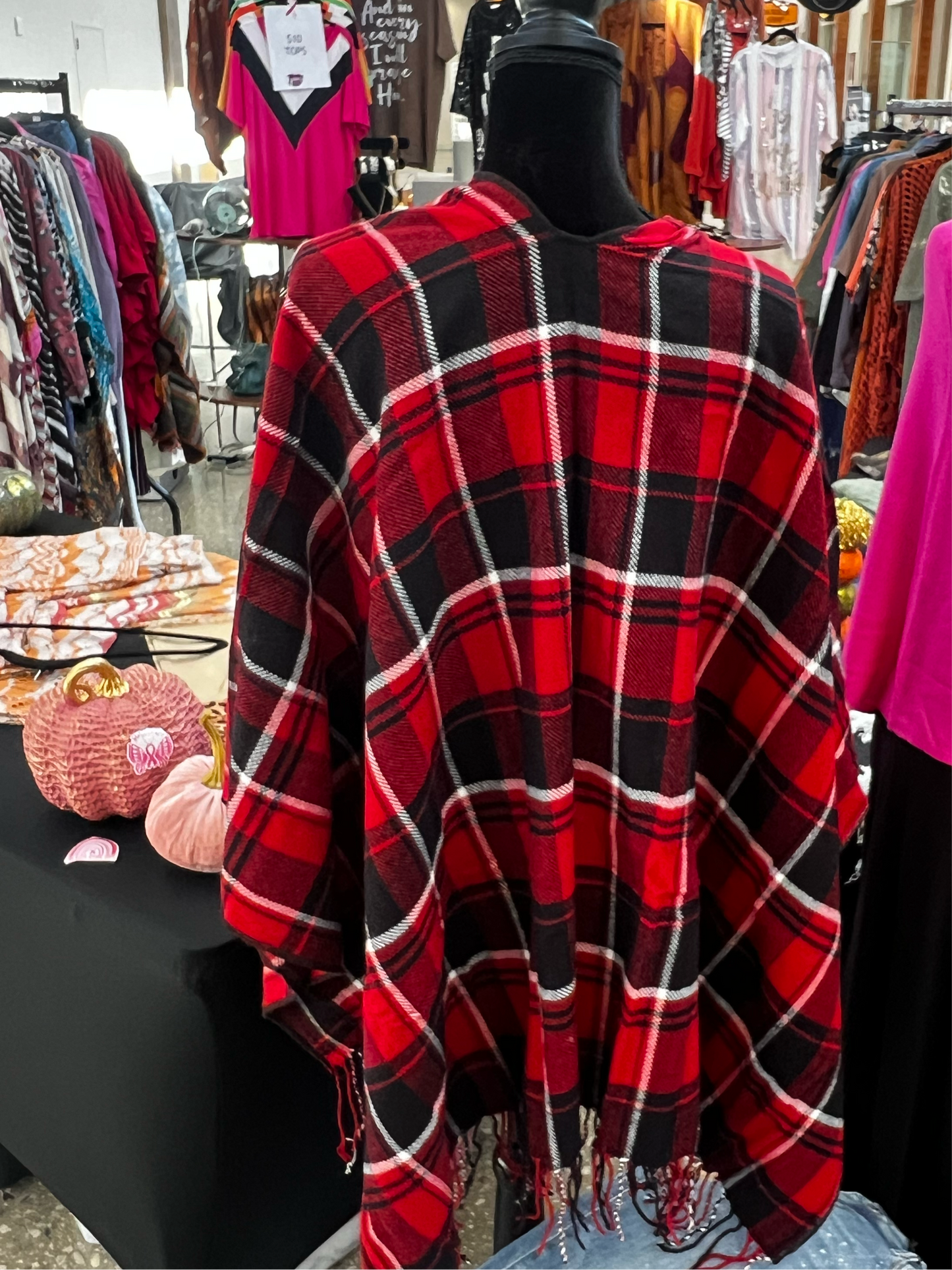 Red & Black w/Fringe Plaid Kimono