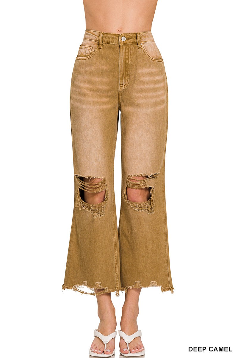 Washed Distressed Knee and Hem Cropped Jeans