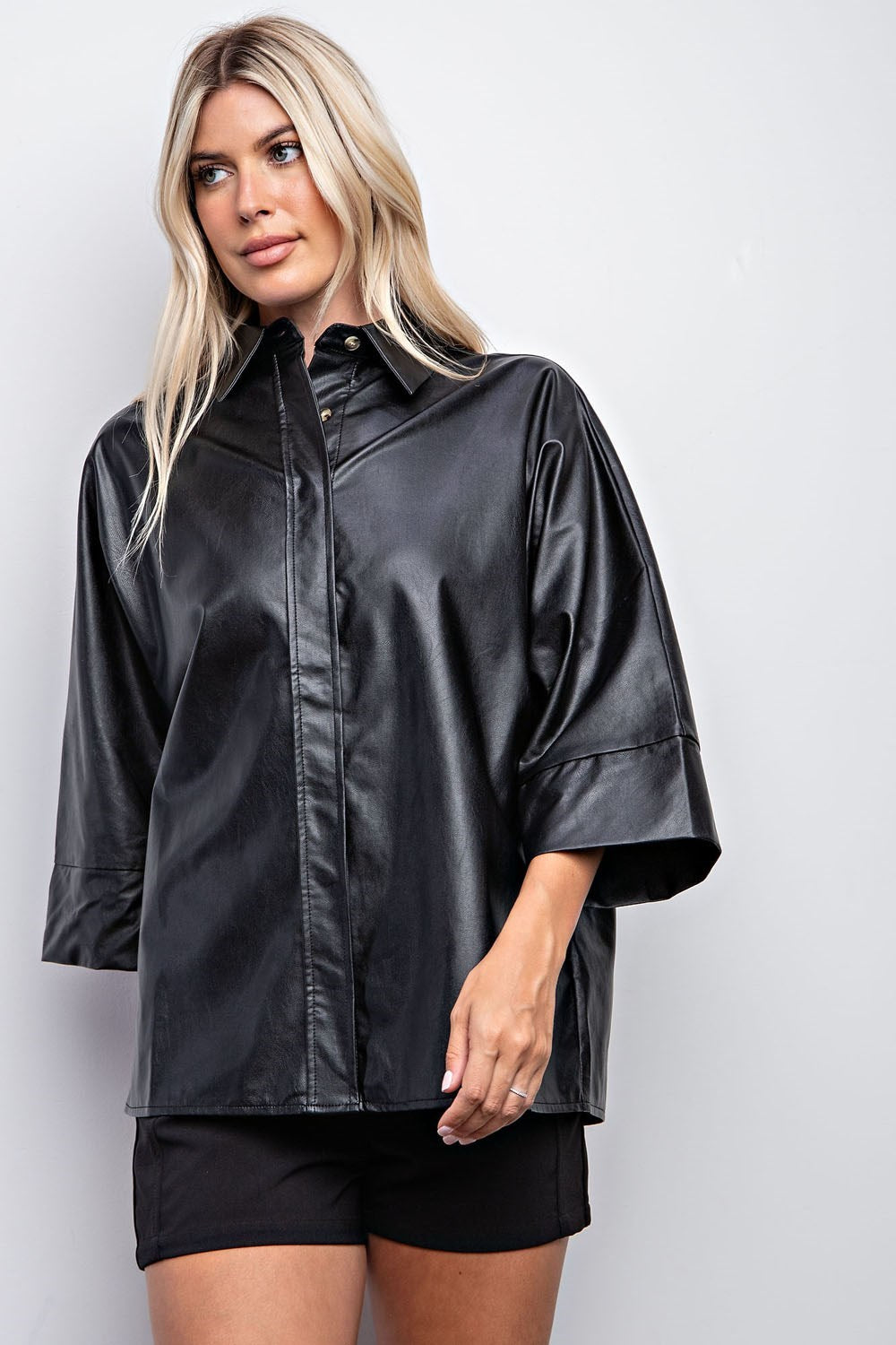 Pleather Button Down 3/4 Sleeve Top