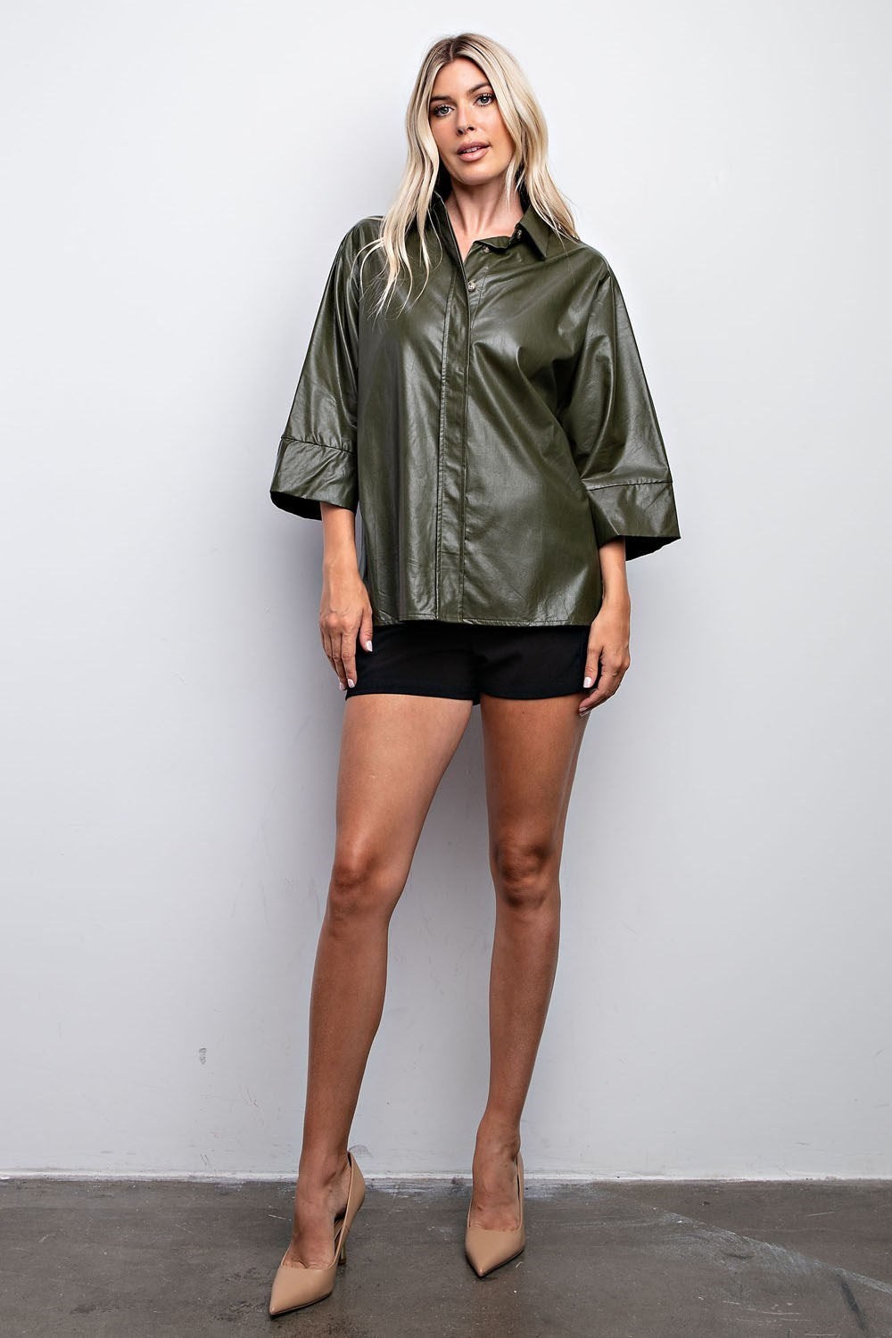 Pleather Button Down 3/4 Sleeve Top