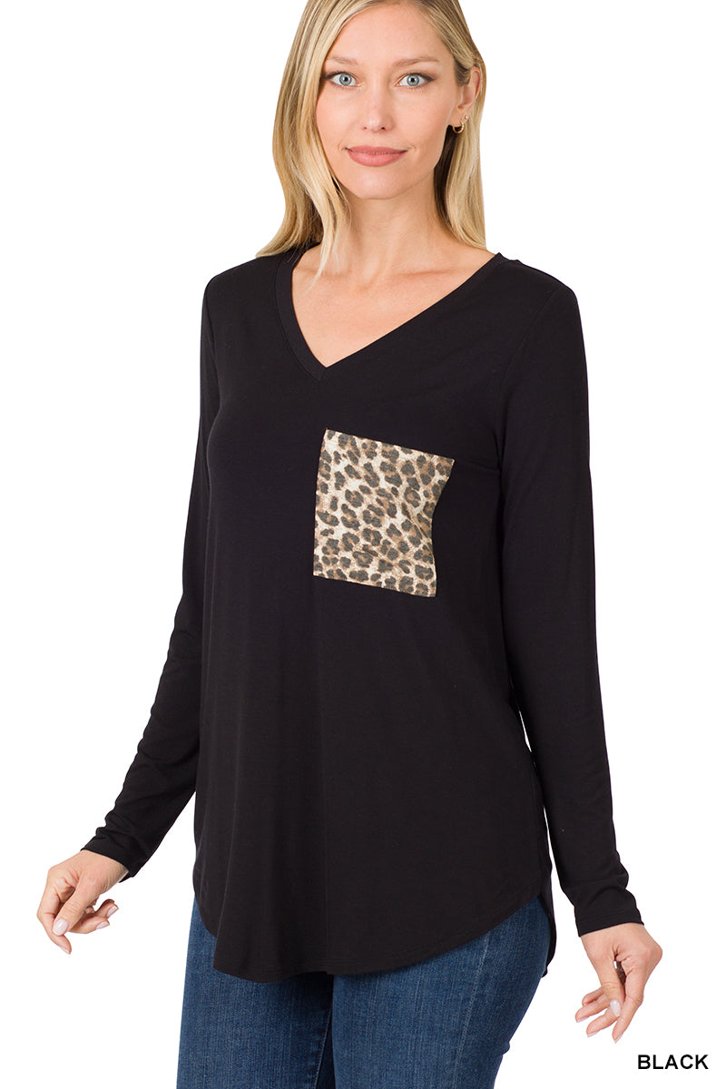 Long Sleeve V-Neck with Leopard Pocket Top