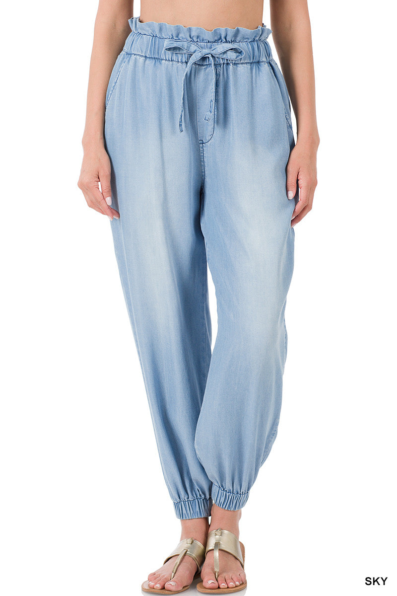 CHAMBRAY DRAWSTRING PAPER BAG WAIST JOGGER Jeans PANTS