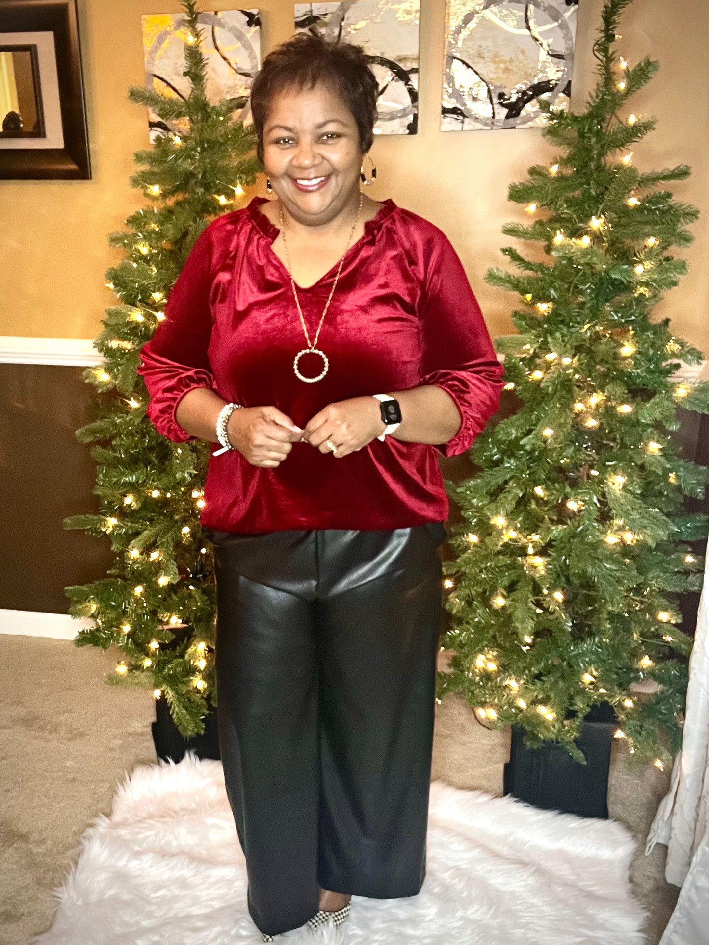 PLUS FAUX LEATHER ELASTIC WAIST PALAZZO PANTS