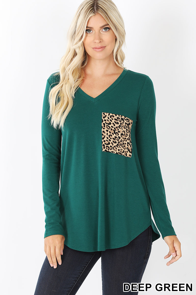Long Sleeve V-Neck with Leopard Pocket Top