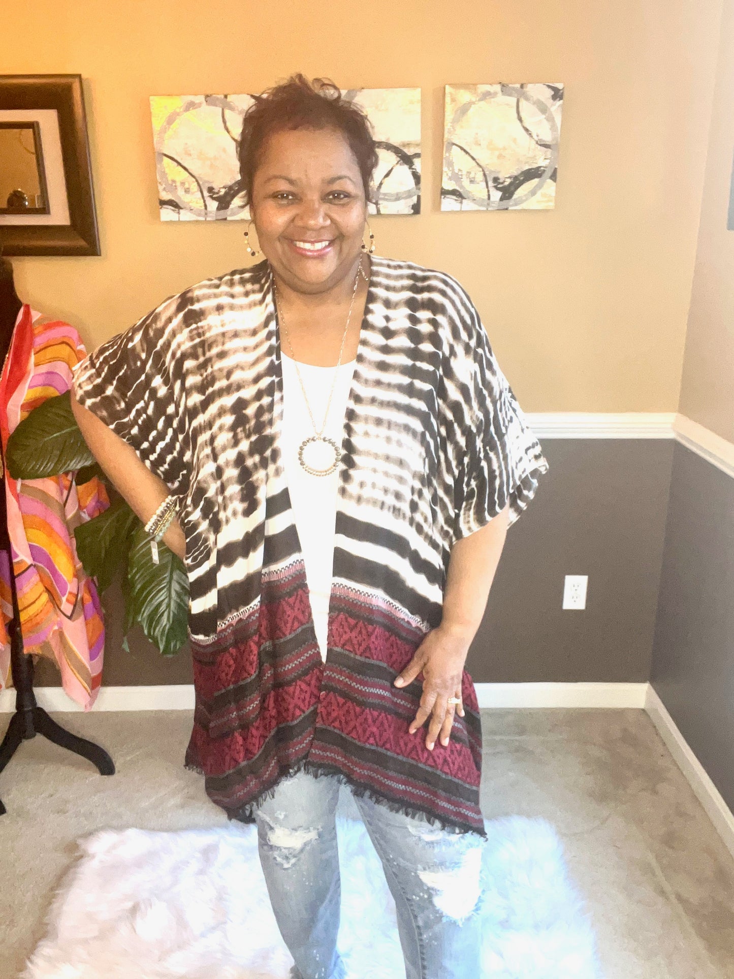 Ruggine Tie Dye with Jacquard Ethnic Motif Border Kimono