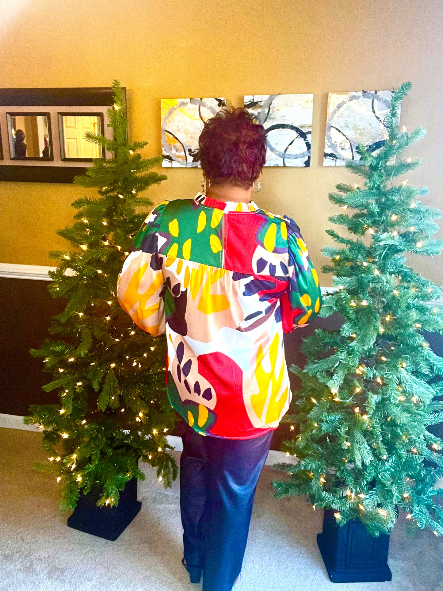 FLORAL/PLANT PRINT BUBBLE SLEEVE TOP