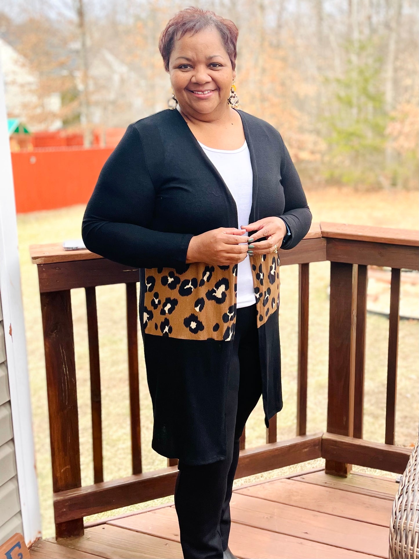 Black Solid Cardigan w/ Animal Print Panel