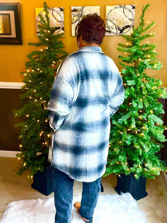 PLAID PRINT MOHAIR WOOL LONG SHACKET WITH POCKET