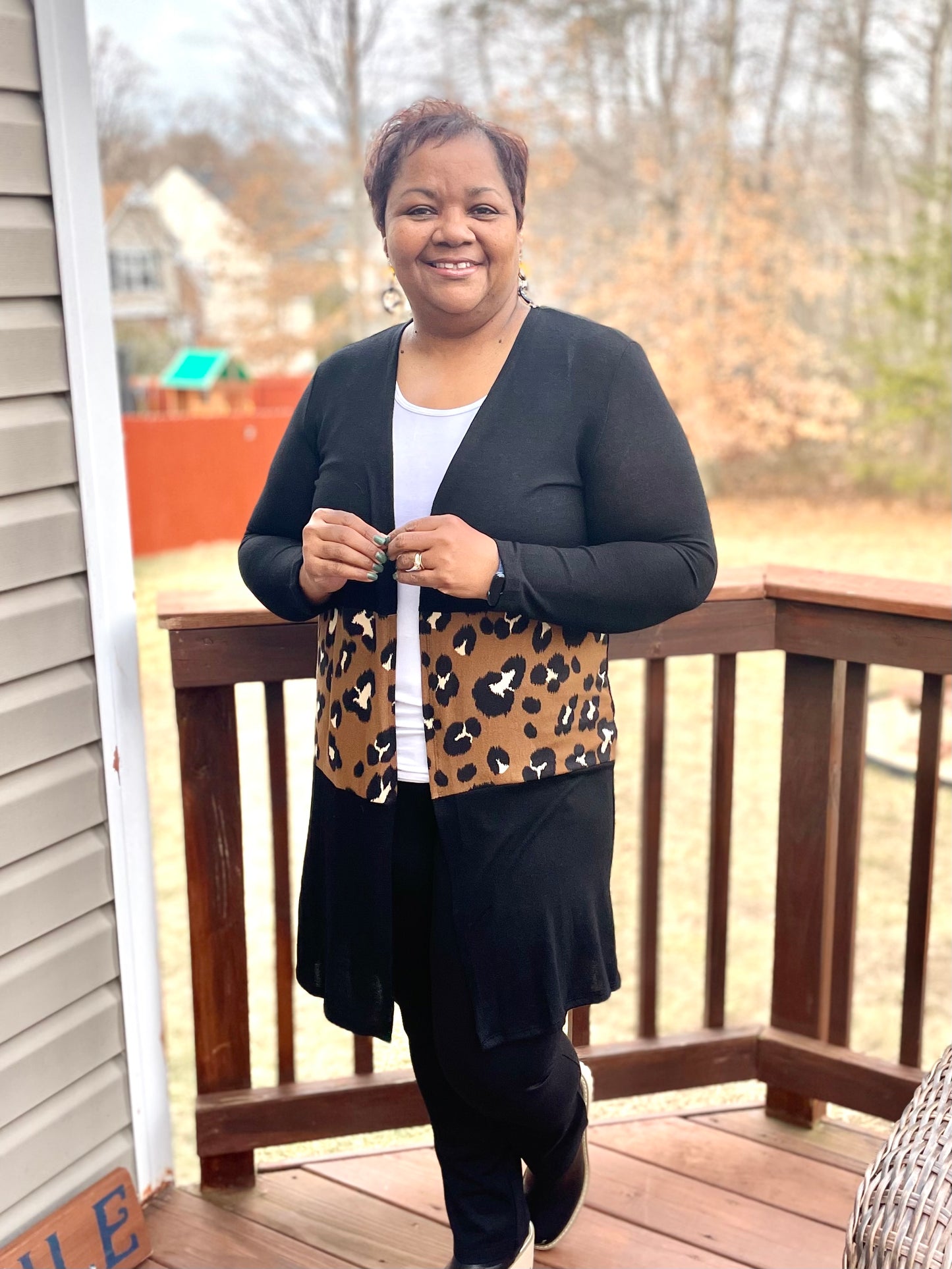 Black Solid Cardigan w/ Animal Print Panel