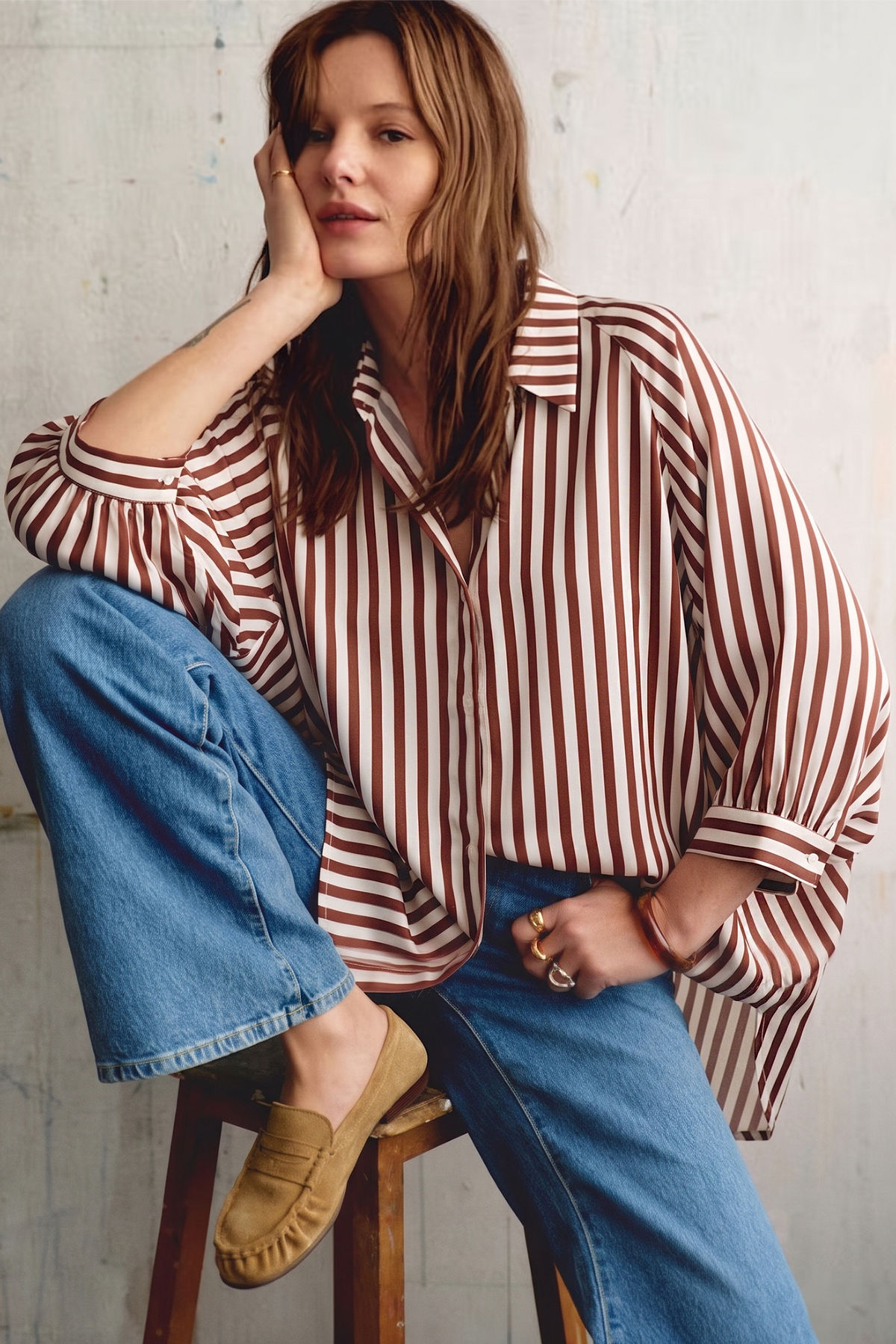Stripe Wide Puff Sleeve Buttondown Shirt