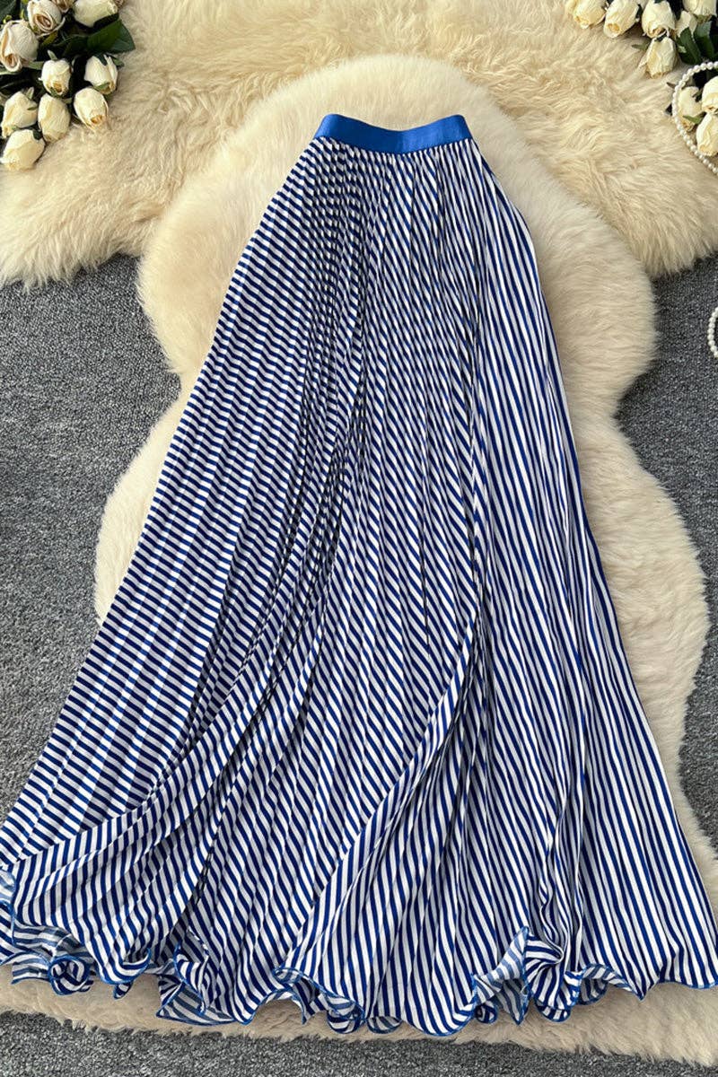 Striped Pleated Midi Skirt