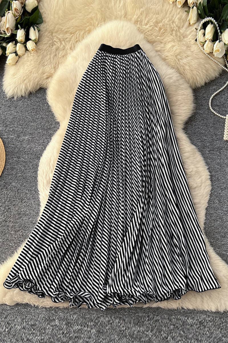 Striped Pleated Midi Skirt