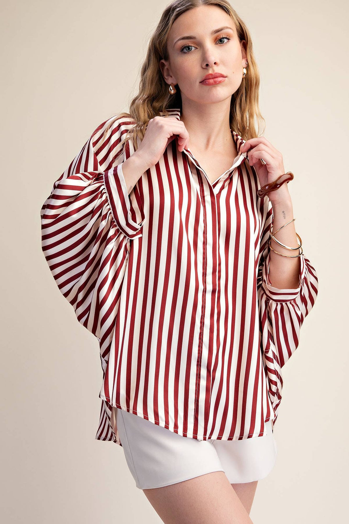 Stripe Wide Puff Sleeve Buttondown Shirt