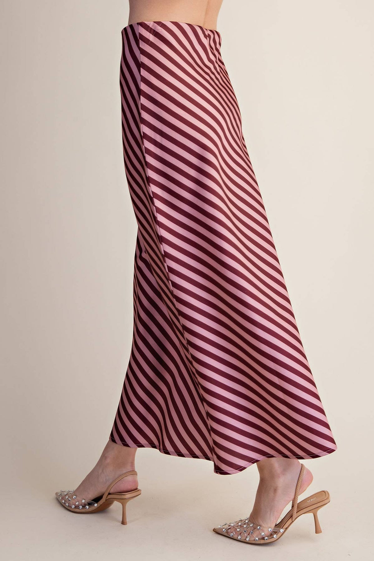 Stripe Satin Midi Skirt With Elastic Waist Band