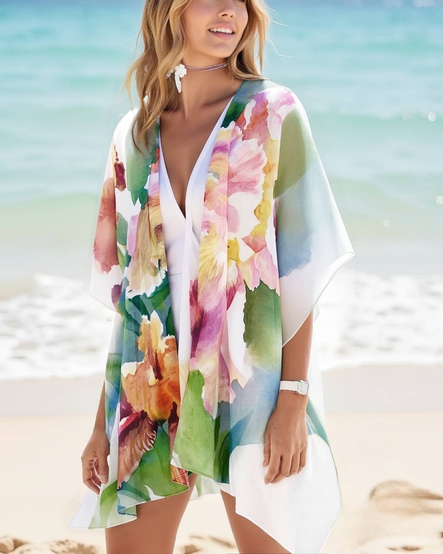 Blooming Orchid Watercolor Kimono Cover-Up