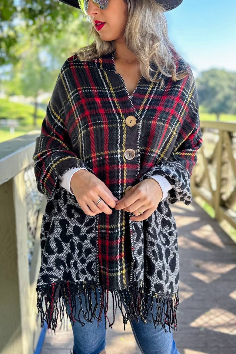 Black and Leopard Dual-Sided Reversible Poncho With Button