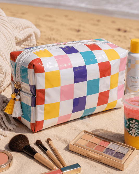 PVC Waterproof Multicolor Checkered Beach Makeup Bag-W