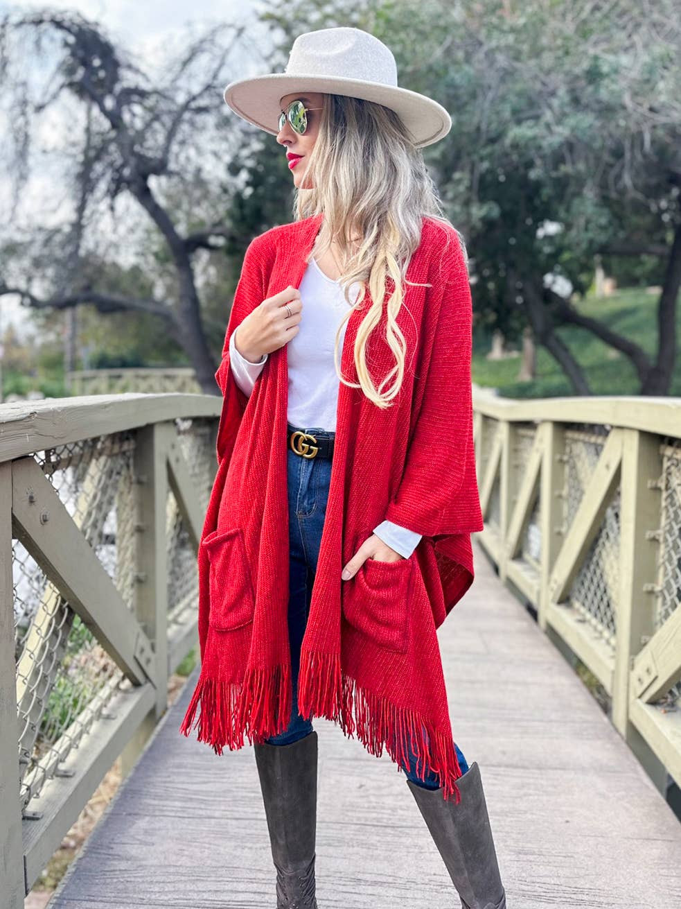 Red Soft Knitted Pocket Kimono Cardigan with Fringe Detail