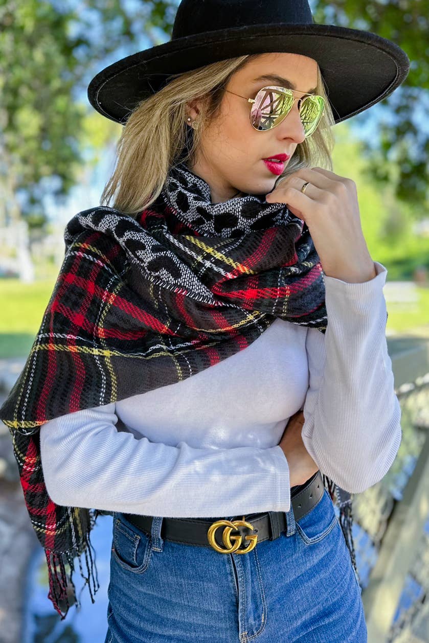 Black and Leopard Dual-Sided Reversible Poncho With Button