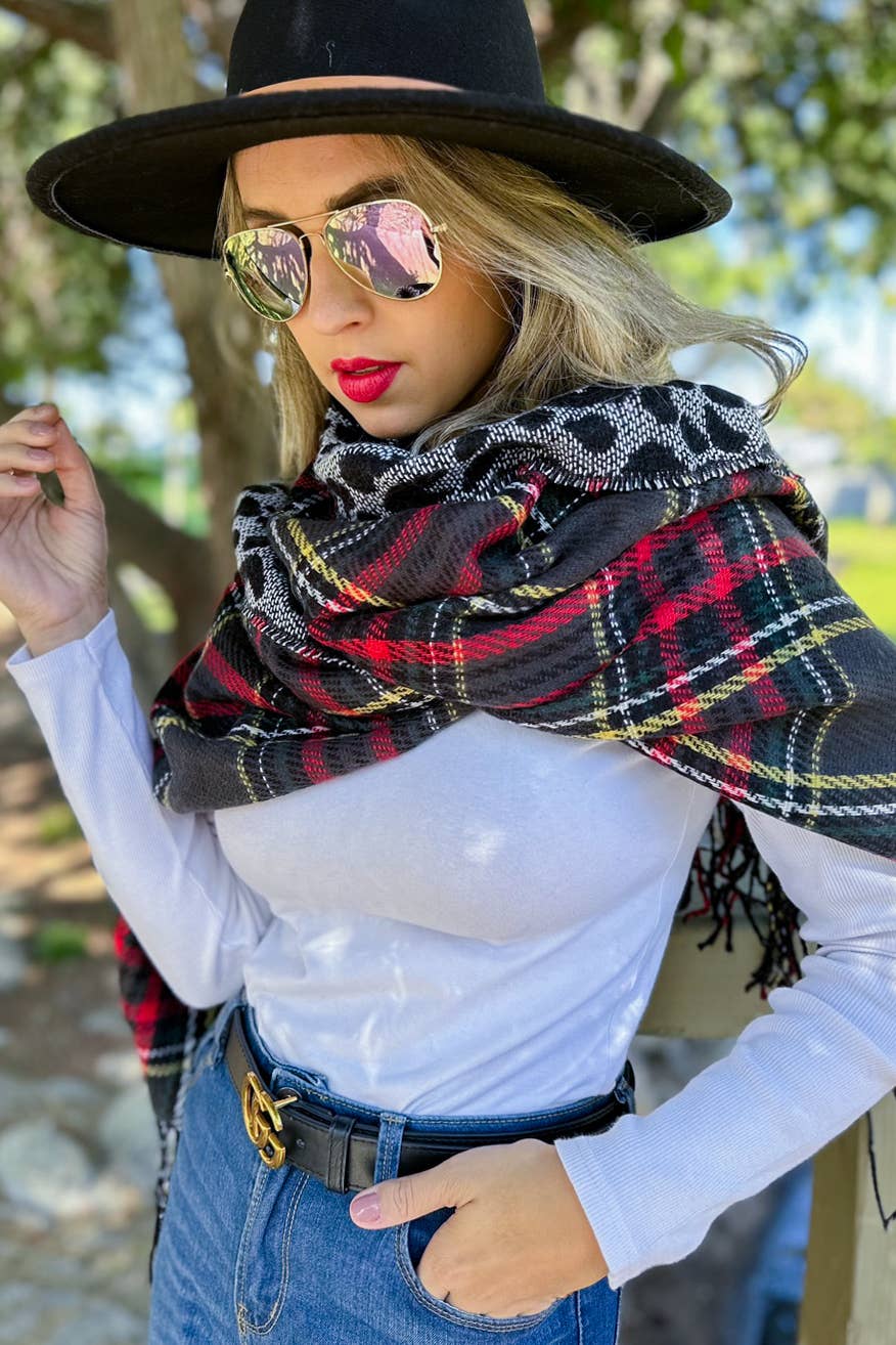 Black and Leopard Dual-Sided Reversible Poncho With Button