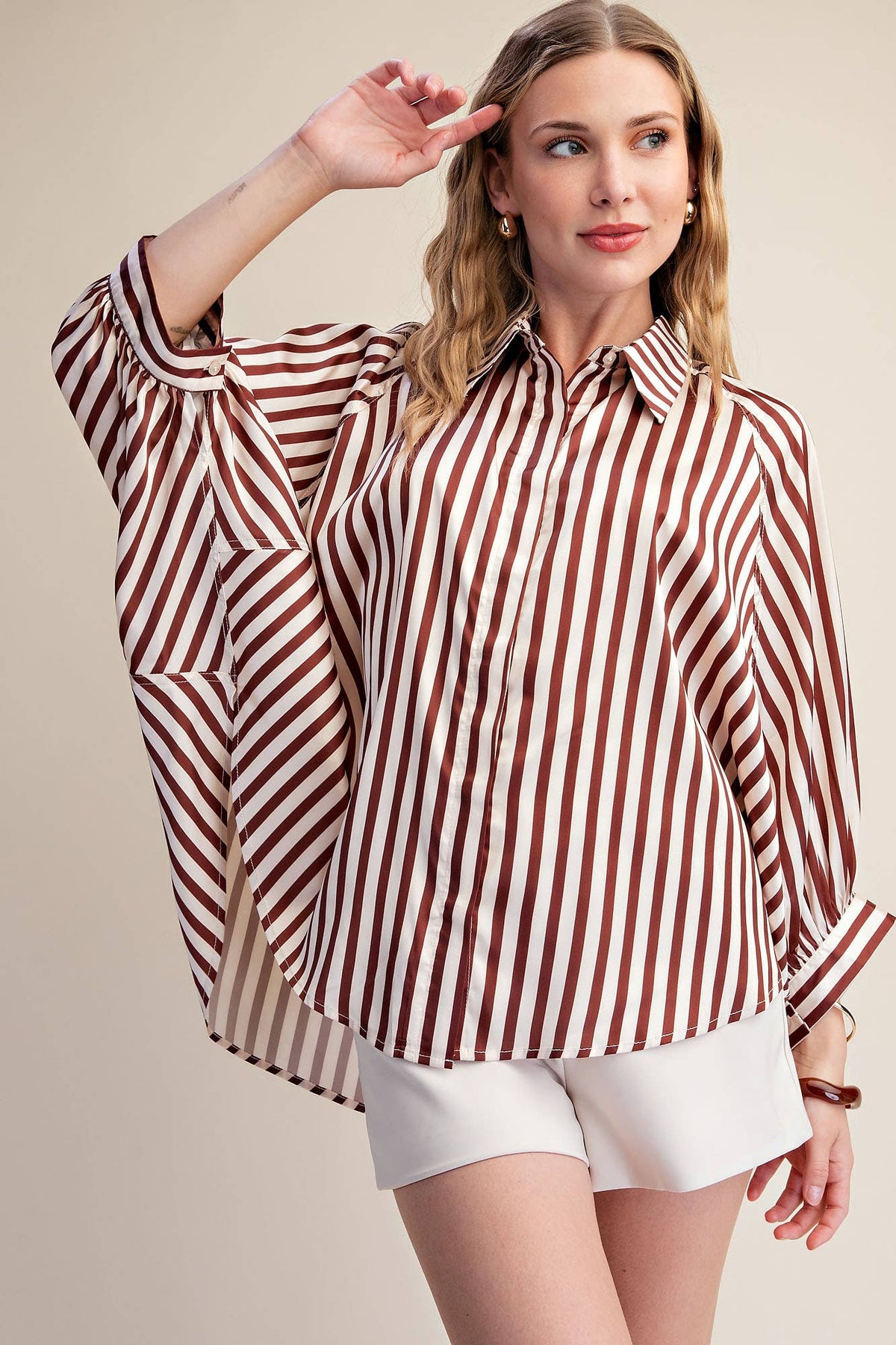 Stripe Wide Puff Sleeve Buttondown Shirt