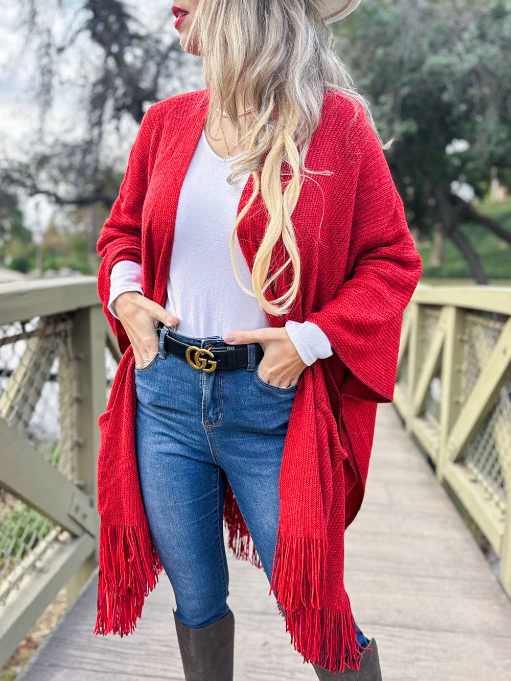 Red Soft Knitted Pocket Kimono Cardigan with Fringe Detail