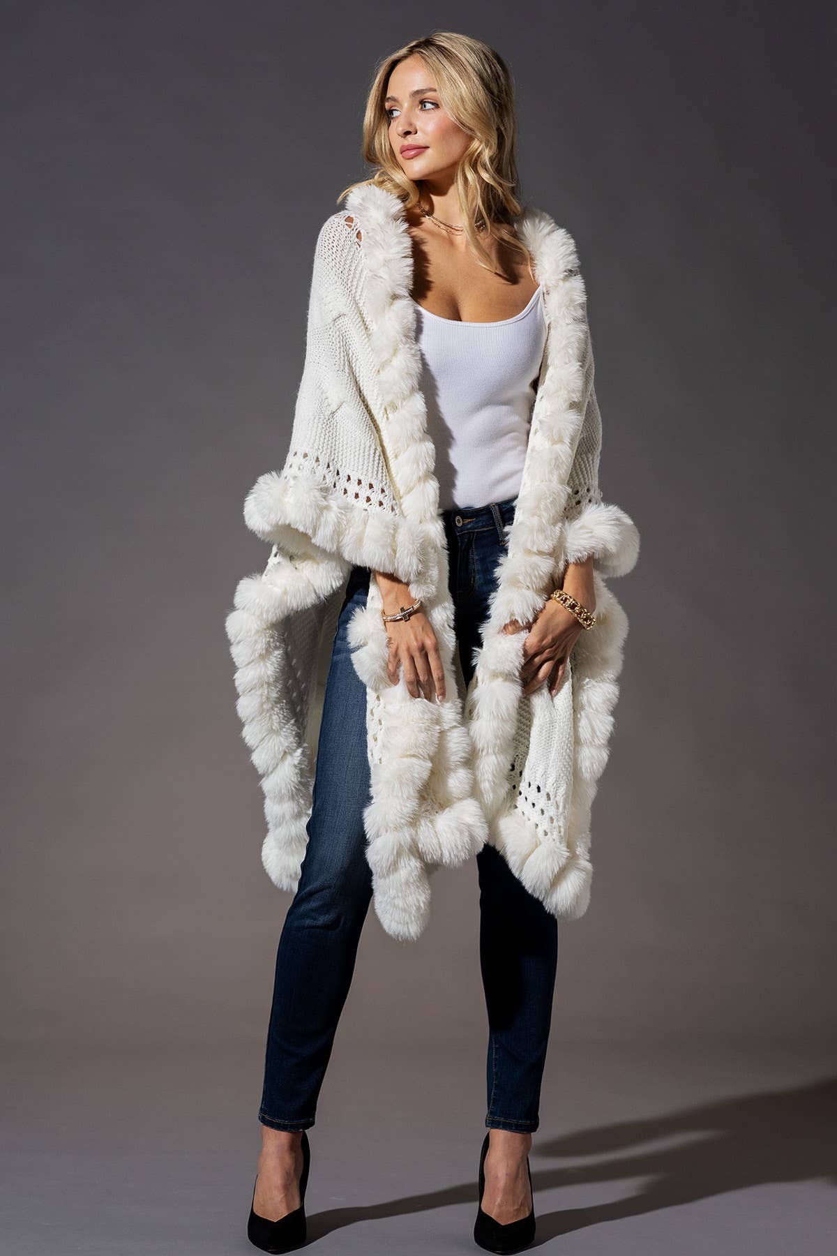 Woven Cape with Faux Fur Accent Trim