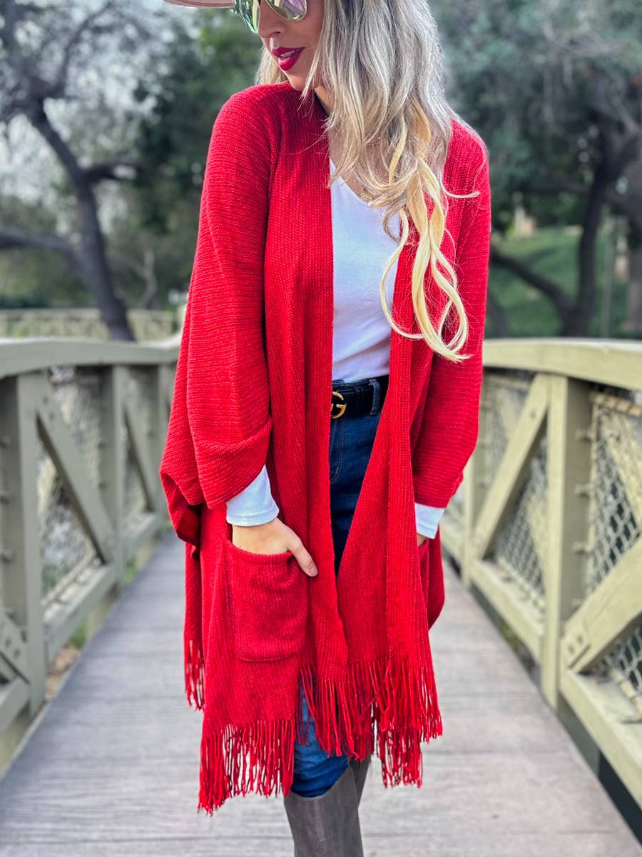 Red Soft Knitted Pocket Kimono Cardigan with Fringe Detail