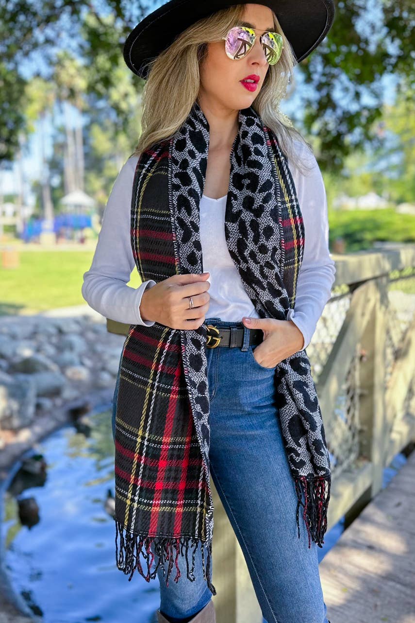 Black and Leopard Dual-Sided Reversible Poncho With Button