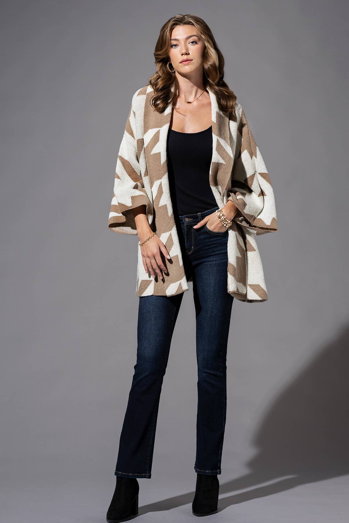 Woven Large Houndstooth Pattern Cardigan