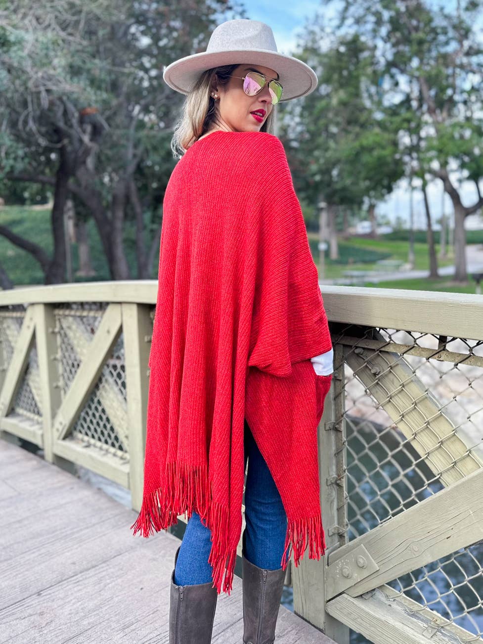 Red Soft Knitted Pocket Kimono Cardigan with Fringe Detail