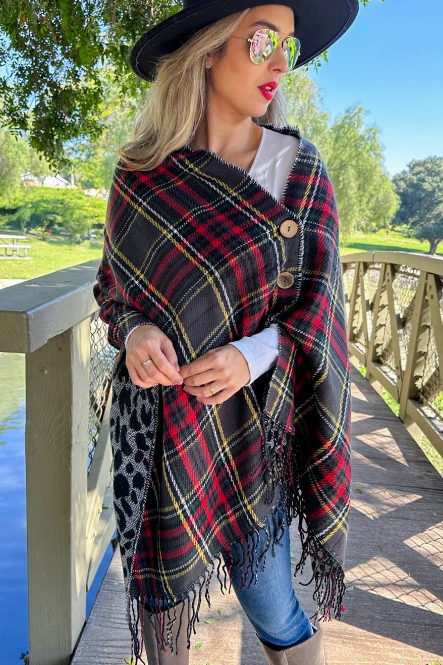 Black and Leopard Dual-Sided Reversible Poncho With Button