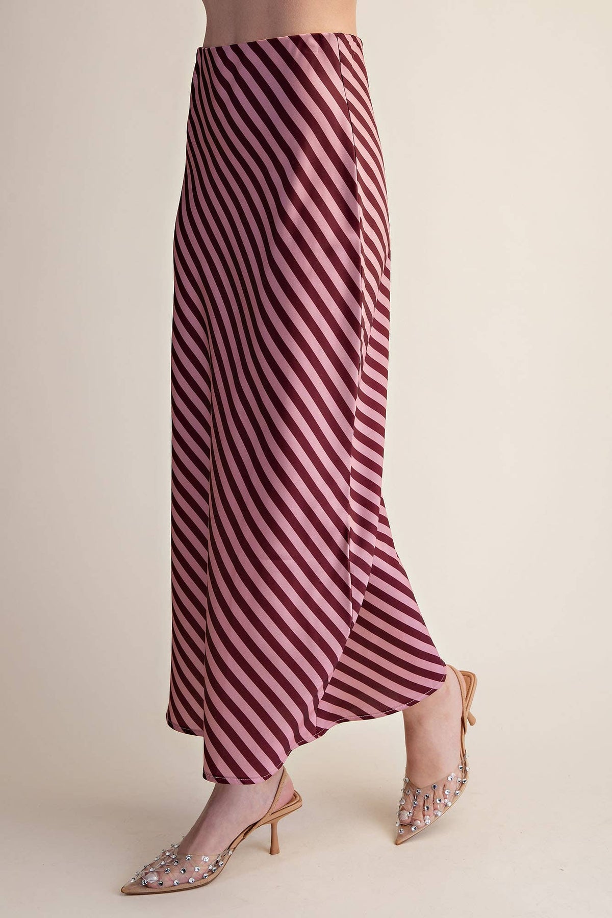 Stripe Satin Midi Skirt With Elastic Waist Band