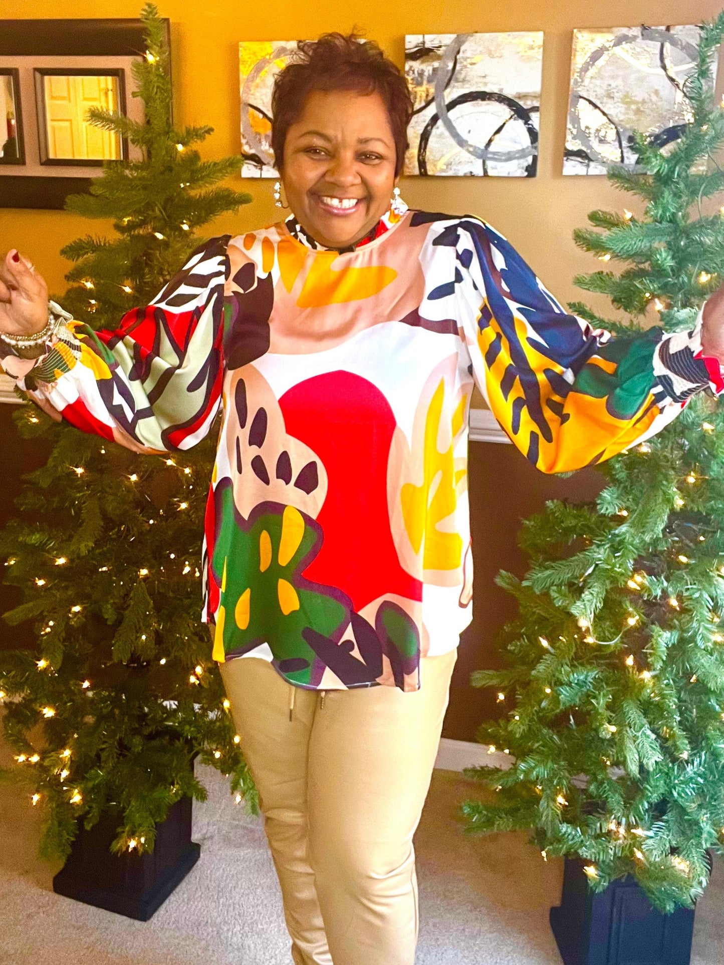 FLORAL/PLANT PRINT BUBBLE SLEEVE TOP