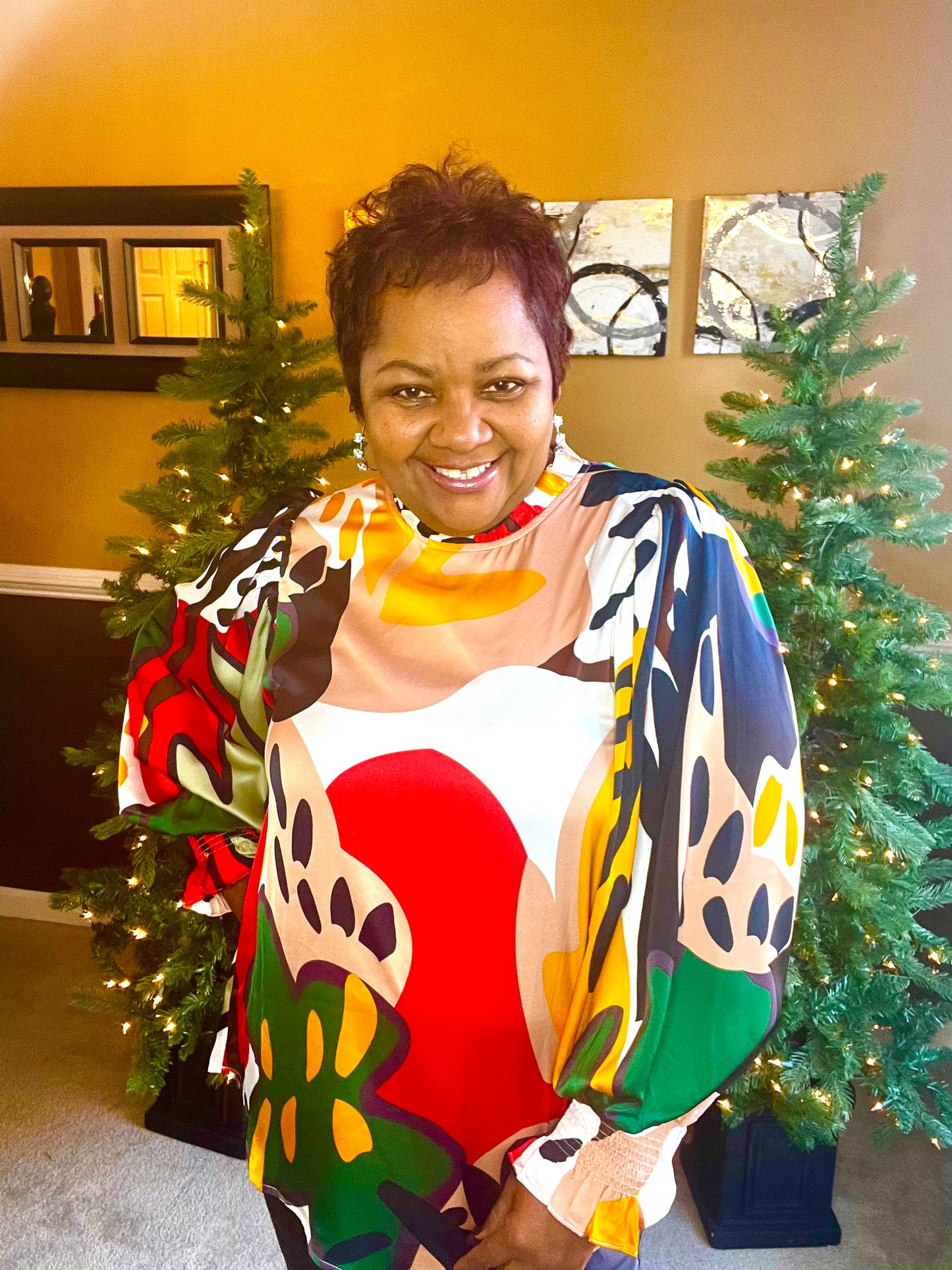 FLORAL/PLANT PRINT BUBBLE SLEEVE TOP